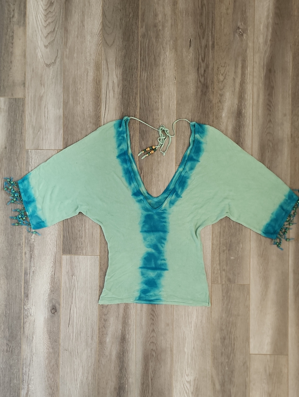 Mango MNG Aqua and Teal Tie-Dye Deep V-Neck  Beaded Tassel Sleeve Knit Top Small